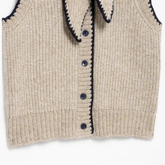 Commense Tie Neck Contrast Trim Button Sweater Vest Size L NWT In Khaki - Picture 6 of 13